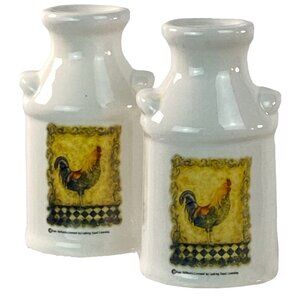 Vintage White Ceramic Milk Can Salt and Pepper Shakers, Rooster, Kate McRostie